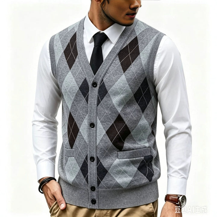 Men's fine-knit vest with V-neck, button placket and diamond pattern Mune Fashion