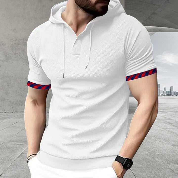 Men's slim fit short sleeve hooded shirt in polo style with Henley neckline and checkered sleeve cuff Mune Fashion