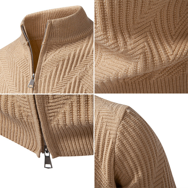 Men's zip cardigan with geometric herringbone knit and stand-up collar Mune Fashion