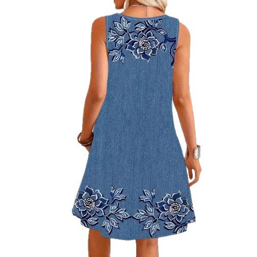 Women sleeveless denim dress with floral embroidery application, full button placket and patch pockets Mune Fashion