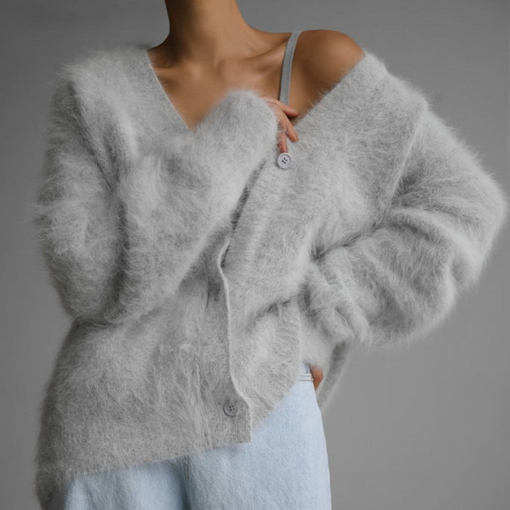 Women Fluffy Mohair-Optic Cardigan with V-Neck and Oversize Cut Mune Fashion