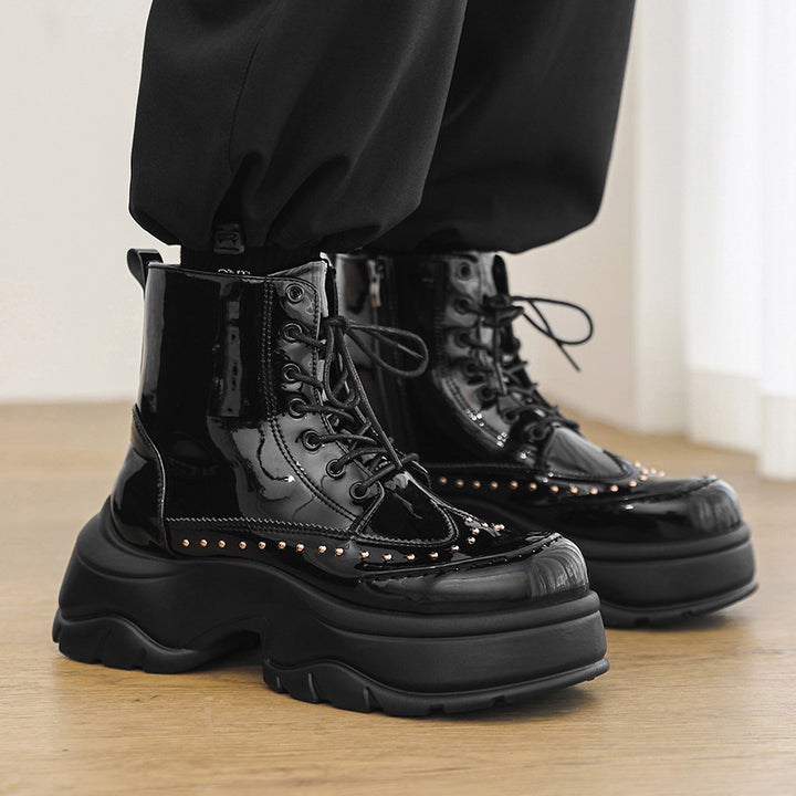 Women Plateau Boots with Patent Finish, Lacing and Studded Decoration Mune Fashion