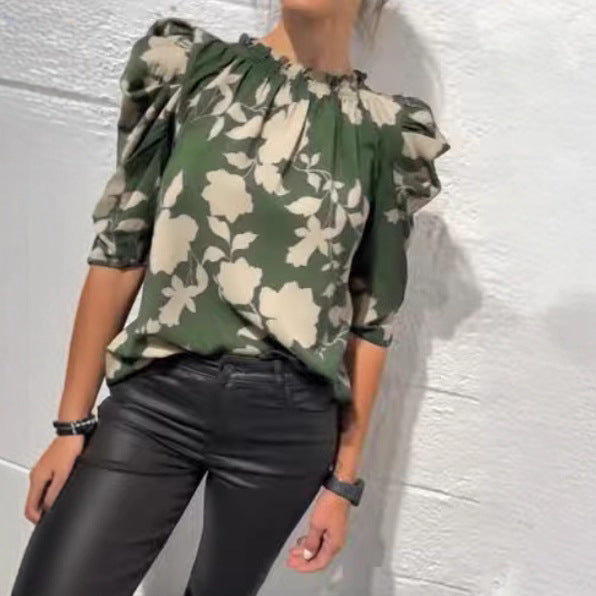 Women's wide-cut slip blouse with smocked ruffle collar and elbow-length puff sleeves Mune Fashion