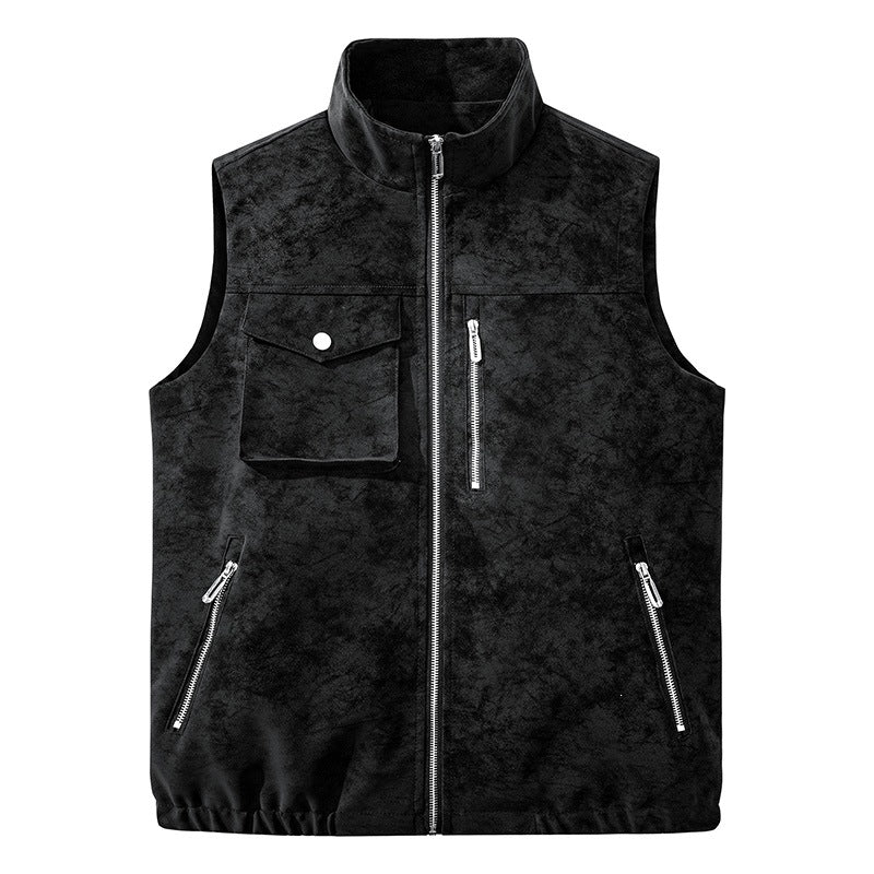 Men's utility vest in velour look with stand-up collar, multi pockets, and full zip Mune Fashion