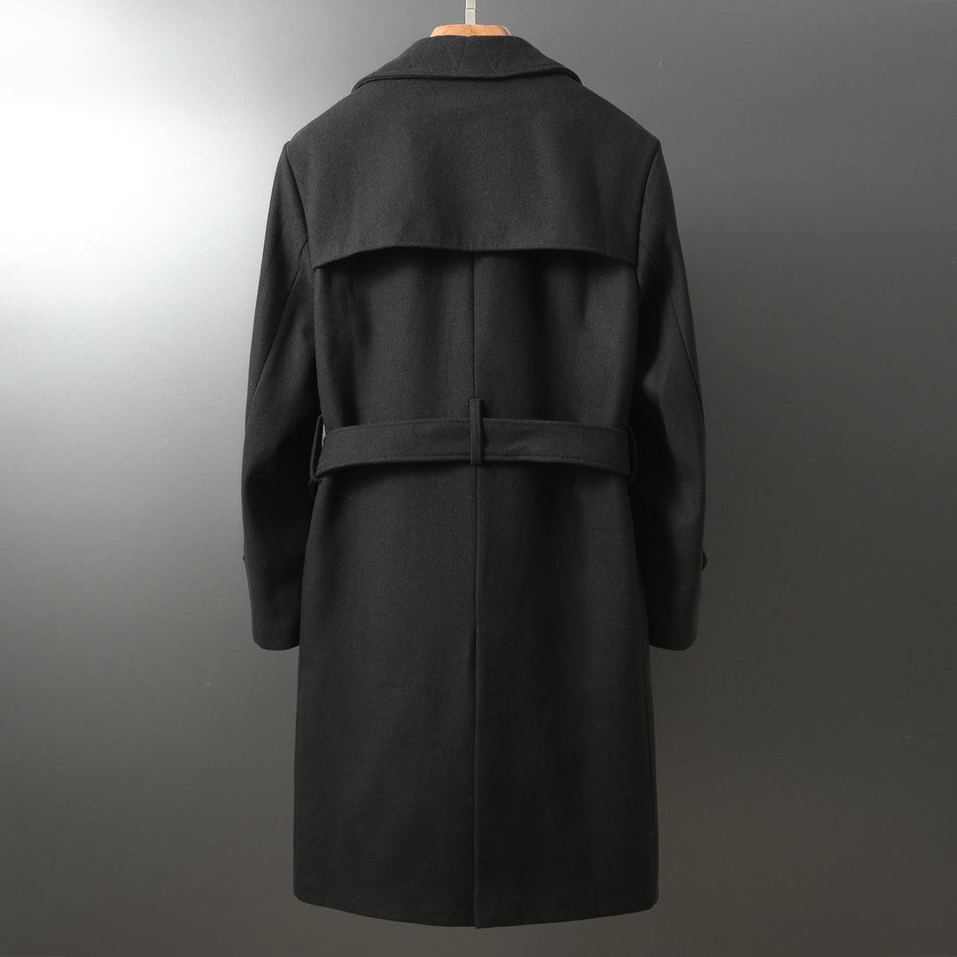 Men's Maxi Long Wool Coat in Trench Look with Double-Breasted Button Placket and Tie Belt Mune Fashion