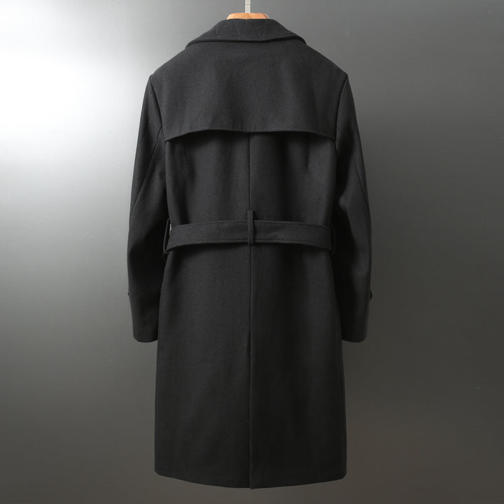Men's Maxi Long Wool Coat in Trench Look with Double-Breasted Button Placket and Tie Belt Mune Fashion