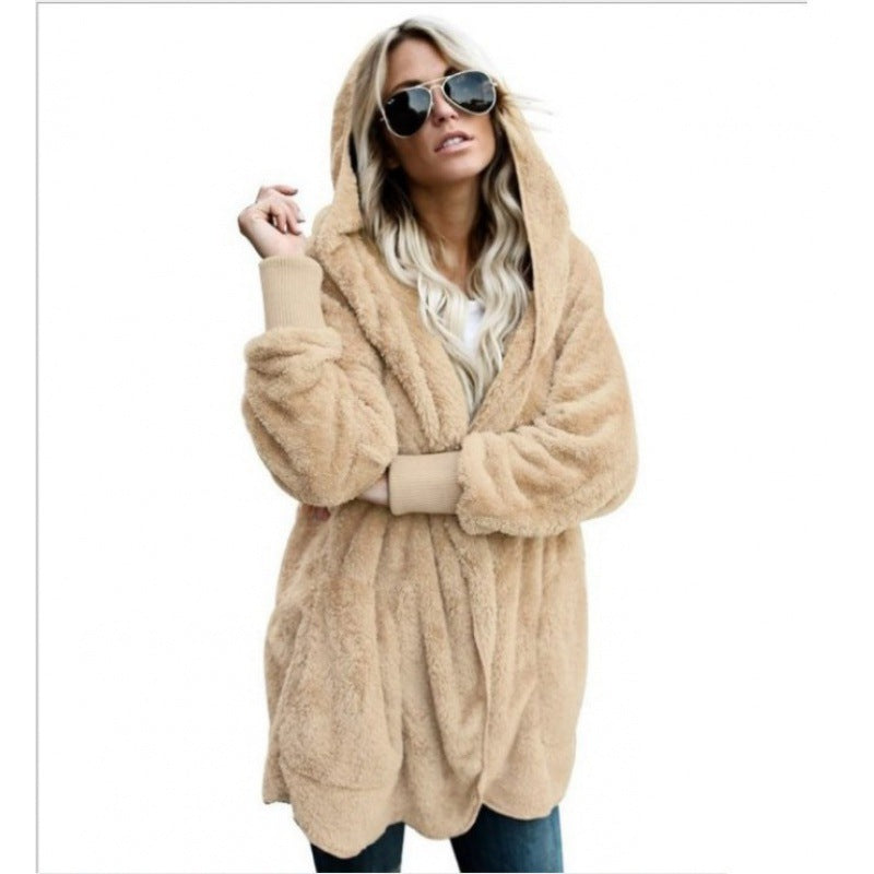 Women's Cozy Teddy Fleece Cardigan with Hood, Oversized Cut and Patch Pockets Mune Fashion