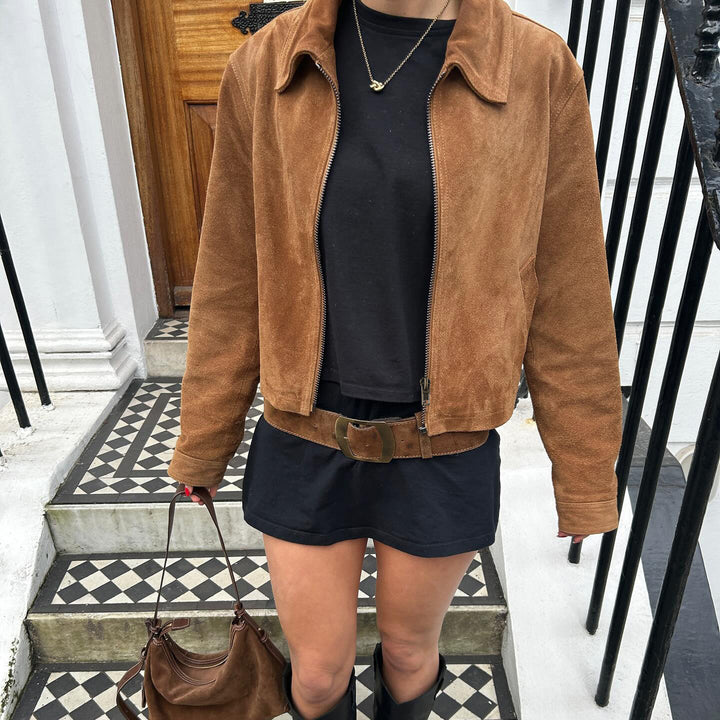 Women's Short-cut Suede Look Blouson Jacket with Shirt Collar and Zipper Mune Fashion