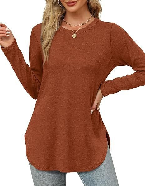 Women's Casual Long Sleeve Tunic Top with Round Neck, Side Slits and Watercolor Leaf Print Mune Fashion