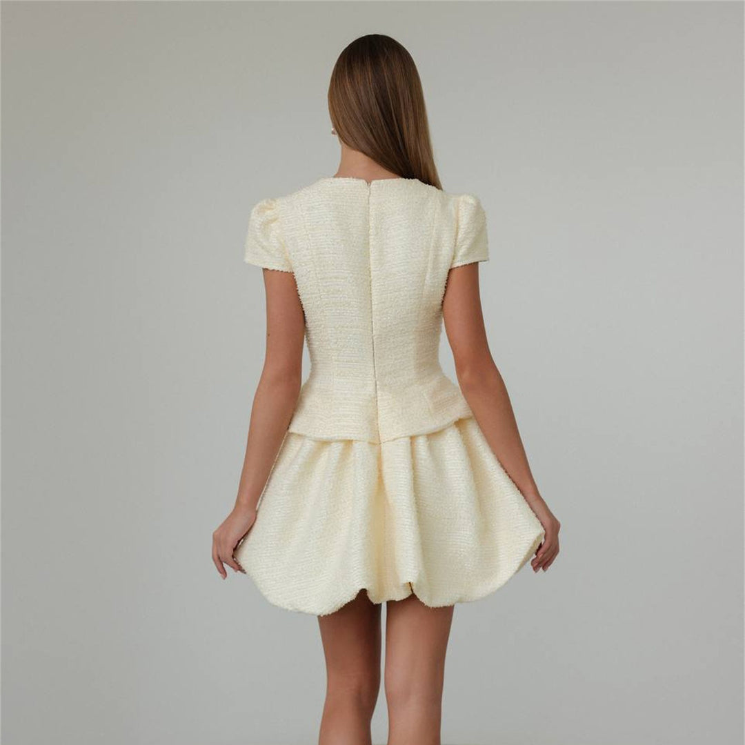 Women's Figure-Hugging Tweed Mini Dress with Peplum and Button Placket Mune Fashion