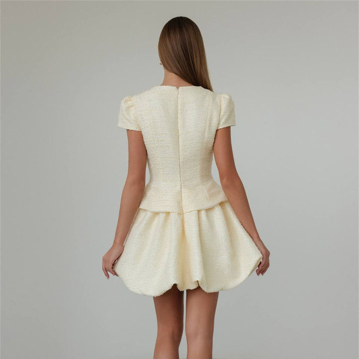 Women's Figure-Hugging Tweed Mini Dress with Peplum and Button Placket Mune Fashion