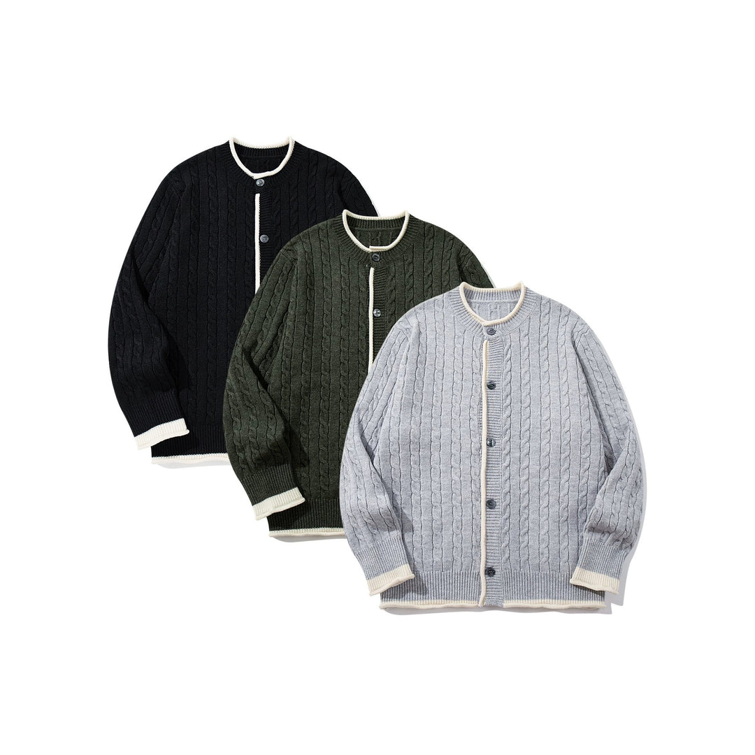 Unisex Cable Knit Cardigan with Round Neck, Contrasting Cuffs and Continuous Button Placket Mune Fashion