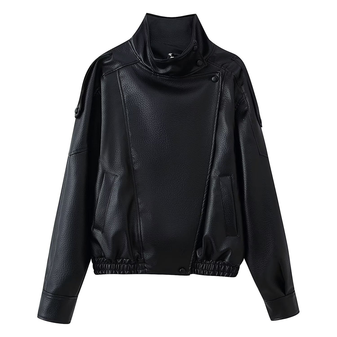 Women's Short Cut Faux Leather Bomber Jacket with High Stand Collar, Asymmetric Snap Button Placket and Elastic Hem Mune Fashion