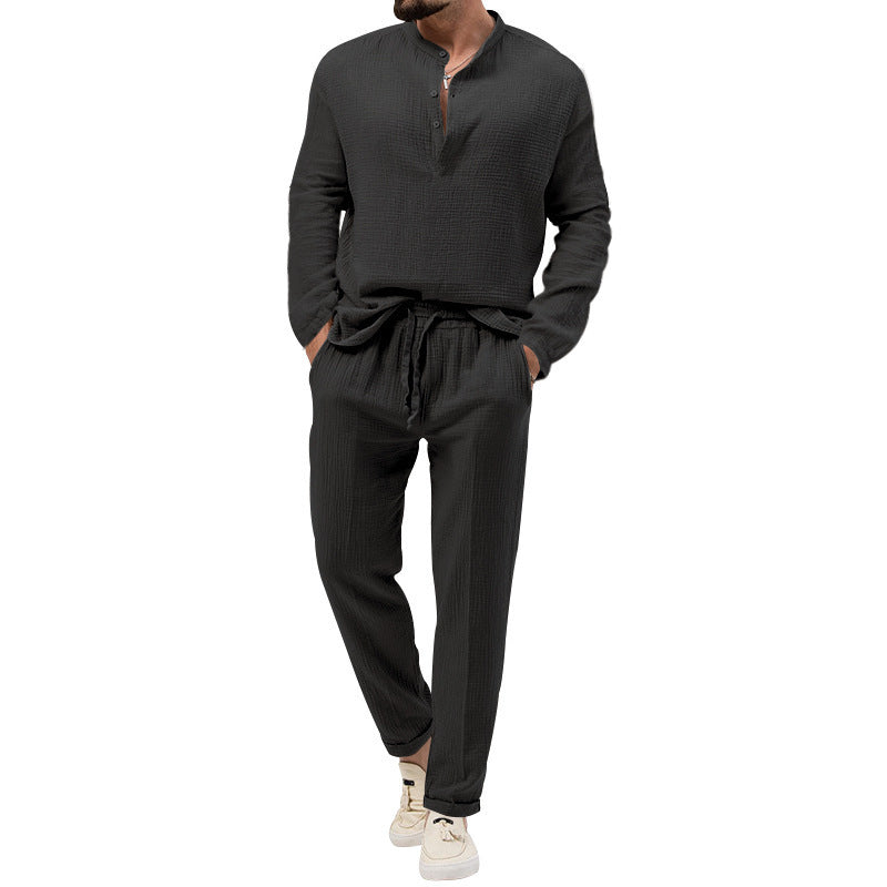 Men's Casual Two-Piece Lounge Set made of Cotton Gauze with Henley Top and Drawstring Pants Mune Fashion