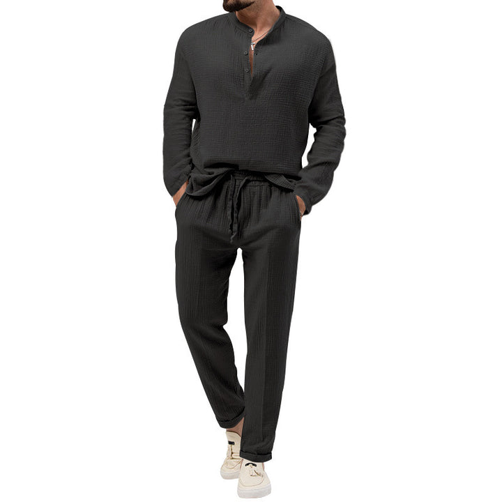 Men's Casual Two-Piece Lounge Set made of Cotton Gauze with Henley Top and Drawstring Pants Mune Fashion