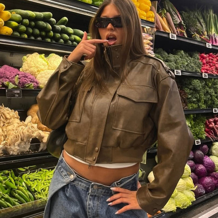 Women's Short Utility Bomber Jacket made of Vegan Leather with High Stand-Up Collar Mune Fashion