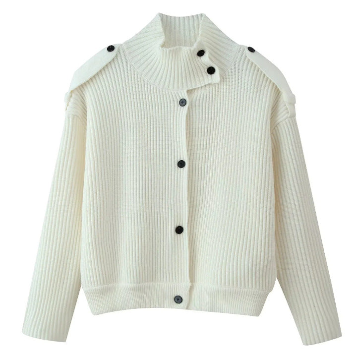 Women's 80+ short ribbed knit cardigan with high stand-up collar and button placket Mune Fashion