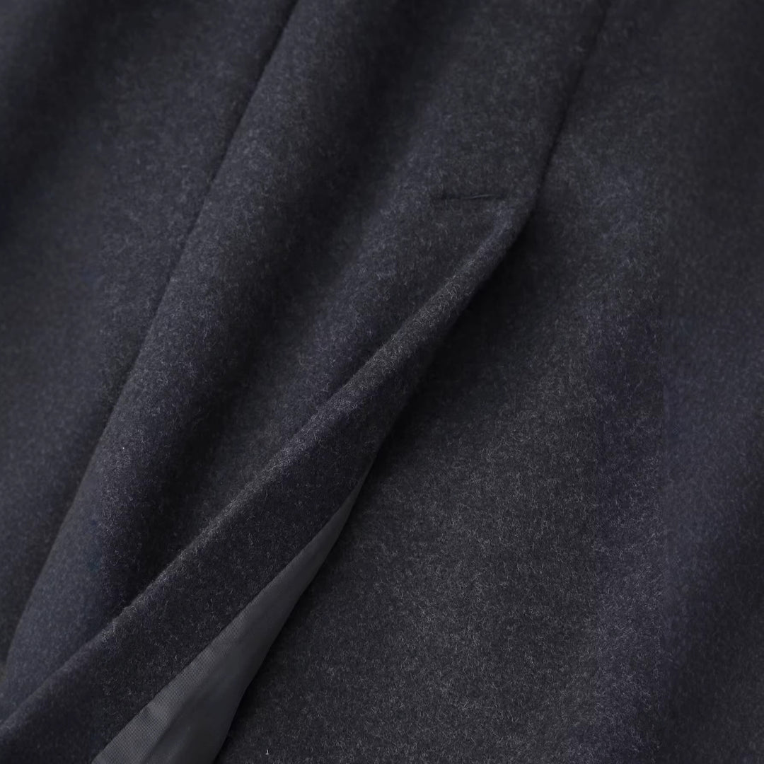 Women's Simple Midi Coat made of Wool Blend with V-Neck, Waist Seams and Side Pockets Mune Fashion