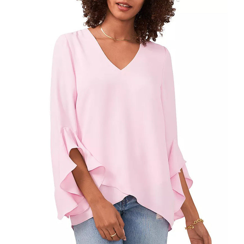 Women's chiffon blouse with V-neck, asymmetrical hem and ruffled sleeves Mune Fashion