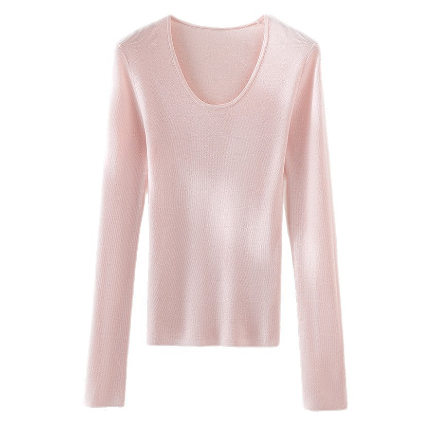 Women's fine knit long sleeve shirt with deep boat neckline and fine rib structure Mune Fashion