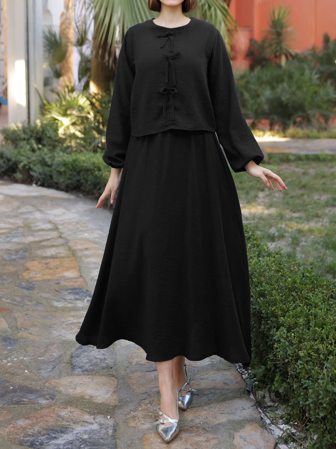 Ladies Long Two-Piece Maxi Dress with Overlay, Round Neck and Decorative Knot
