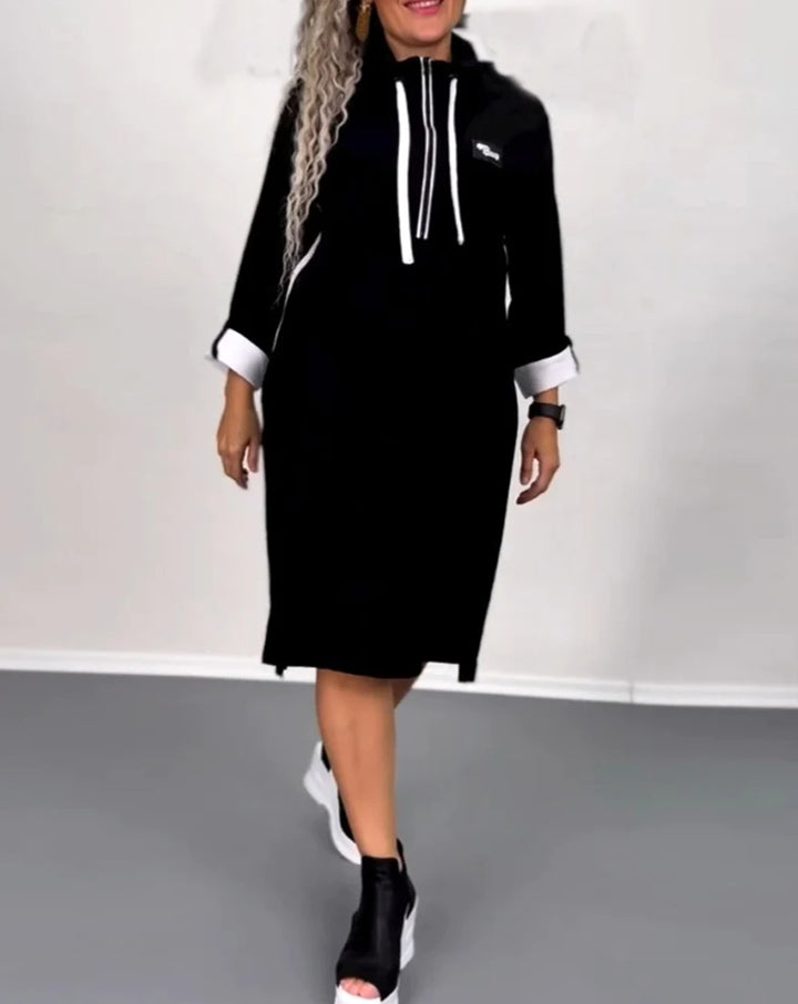 Women’s Nano Hoodie Midi Dress with Hood, Drawstring and Roll-up Cuffs Mune Fashion
