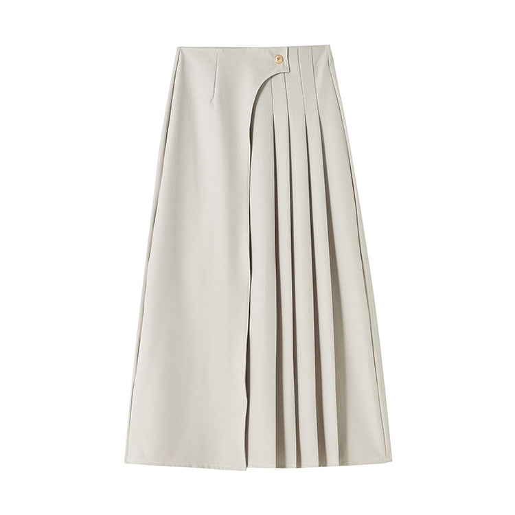 Women's high-waisted A-line skirt with asymmetrical pleats and decorative button closure Mune Fashion
