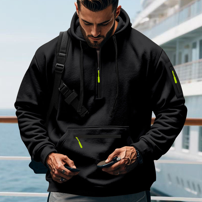 Men's nan technical half-zip outdoor hoodie with concealed kangaroo pocket, zippered arm pocket, and integrated cable channel Mune Fashion