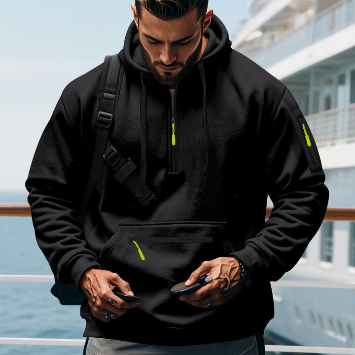 Men's nan technical half-zip outdoor hoodie with concealed kangaroo pocket, zippered arm pocket, and integrated cable channel Mune Fashion