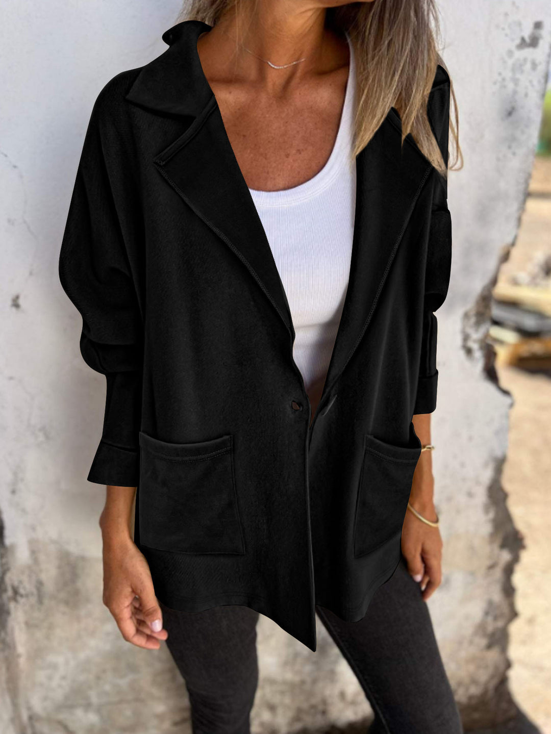 Women's Oversize Blazer-Cardigan with Notched Collar, Patch Pockets and Rolled Sleeves Mune Fashion