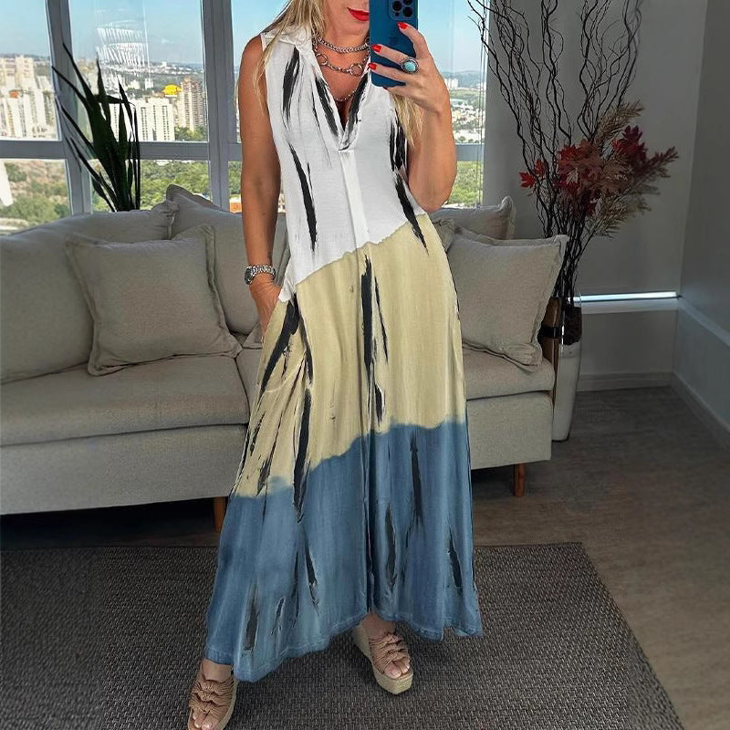 Women's sleeveless long dress with shirt collar, side insertion pockets, and brush stripe pattern Mune Fashion