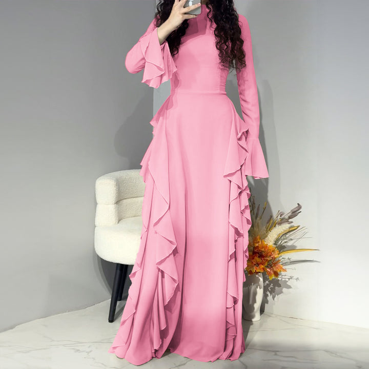 Women nan maxi dress with ruffle trim, tailored empire silhouette and long bell sleeves Mune Fashion