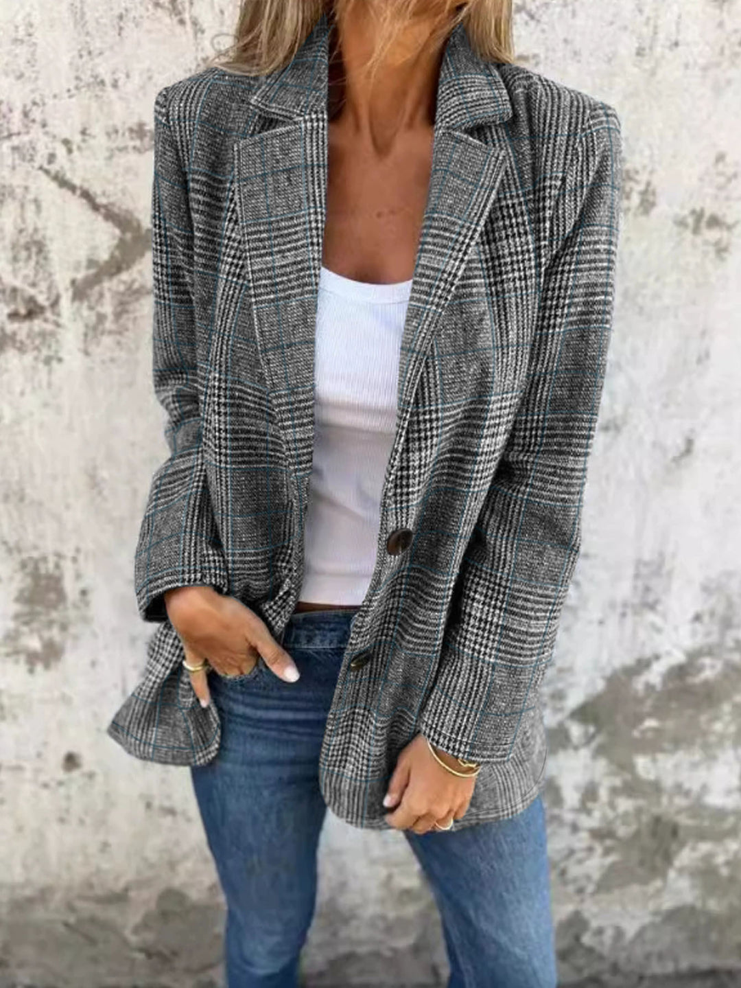 Women's Loose Glen Check Blazer with Notch Lapel, Flap Pockets and One-Button Closure Mune Fashion