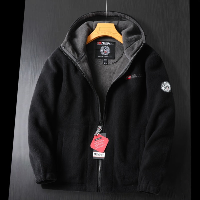 Men's fleece hooded jacket with warming microfleece lining, full-length zipper, and logo patches Mune Fashion