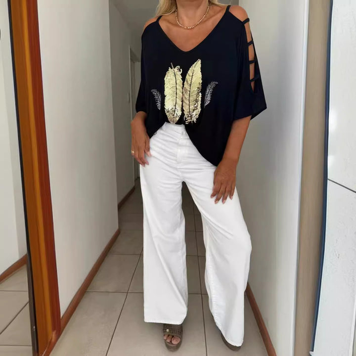 Ladies loose-fitting blouse shirt off-shoulder design with sequin-feather application and split sleeves Mune Fashion