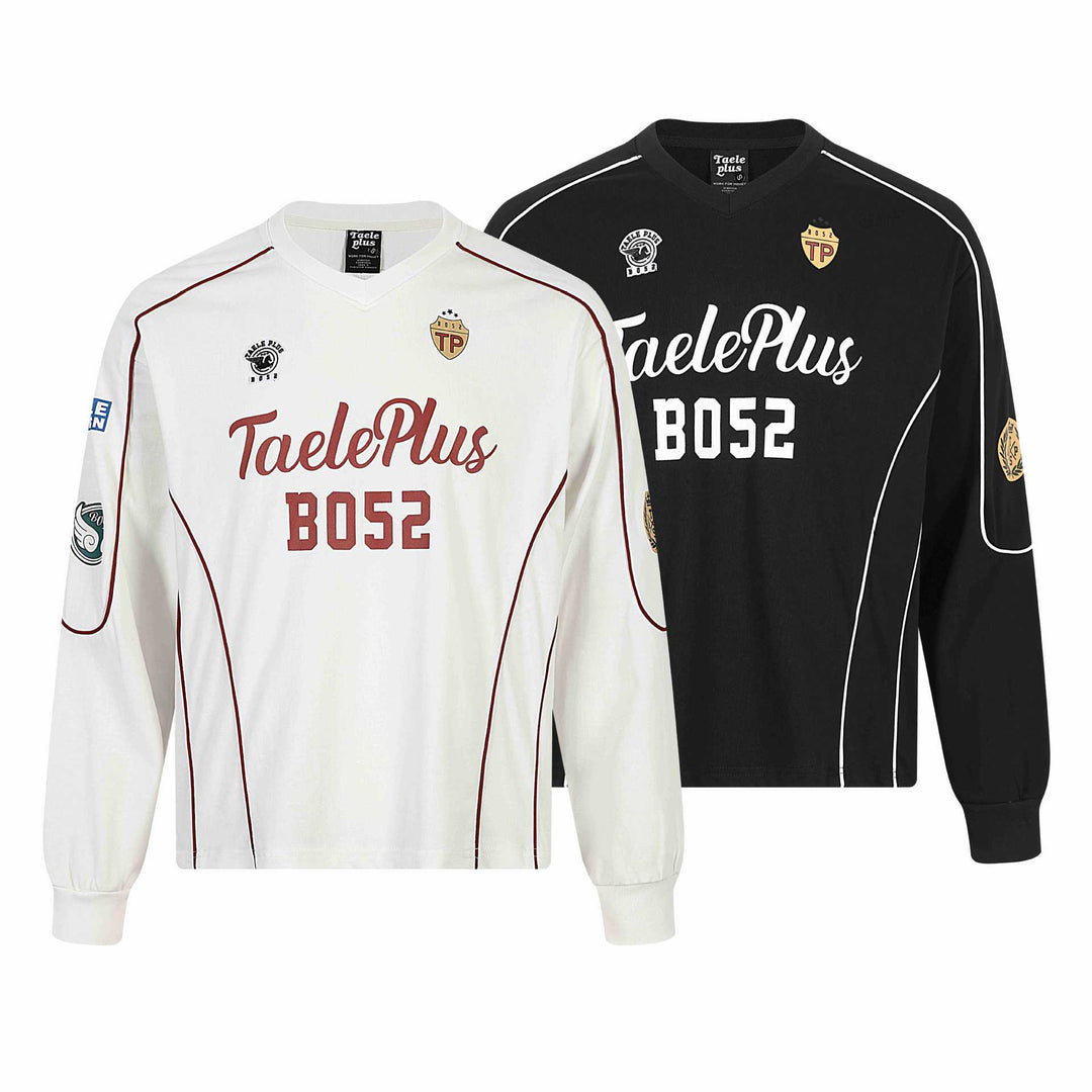 Men's retro-inspired long sleeve football jersey with V-neck and contrast piping Mune Fashion