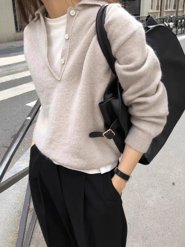 Women's Soft Hoodie in Mohair Look with Deep V-Neck and Half Button Placket Mune Fashion