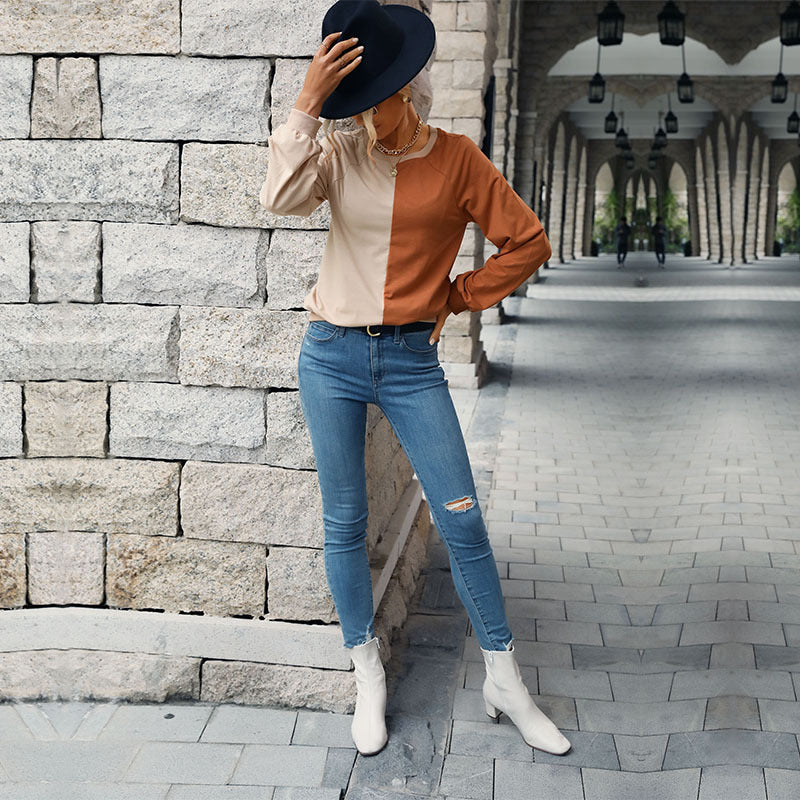 Ladies Two-Tone Fine Knit Sweater with Raglan Sleeves and Relaxed Fit Mune Fashion