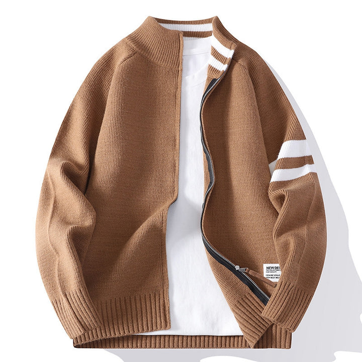 Men's knitted zip cardigan in college style with striped sleeve band and ribbed stand-up collar Mune Fashion