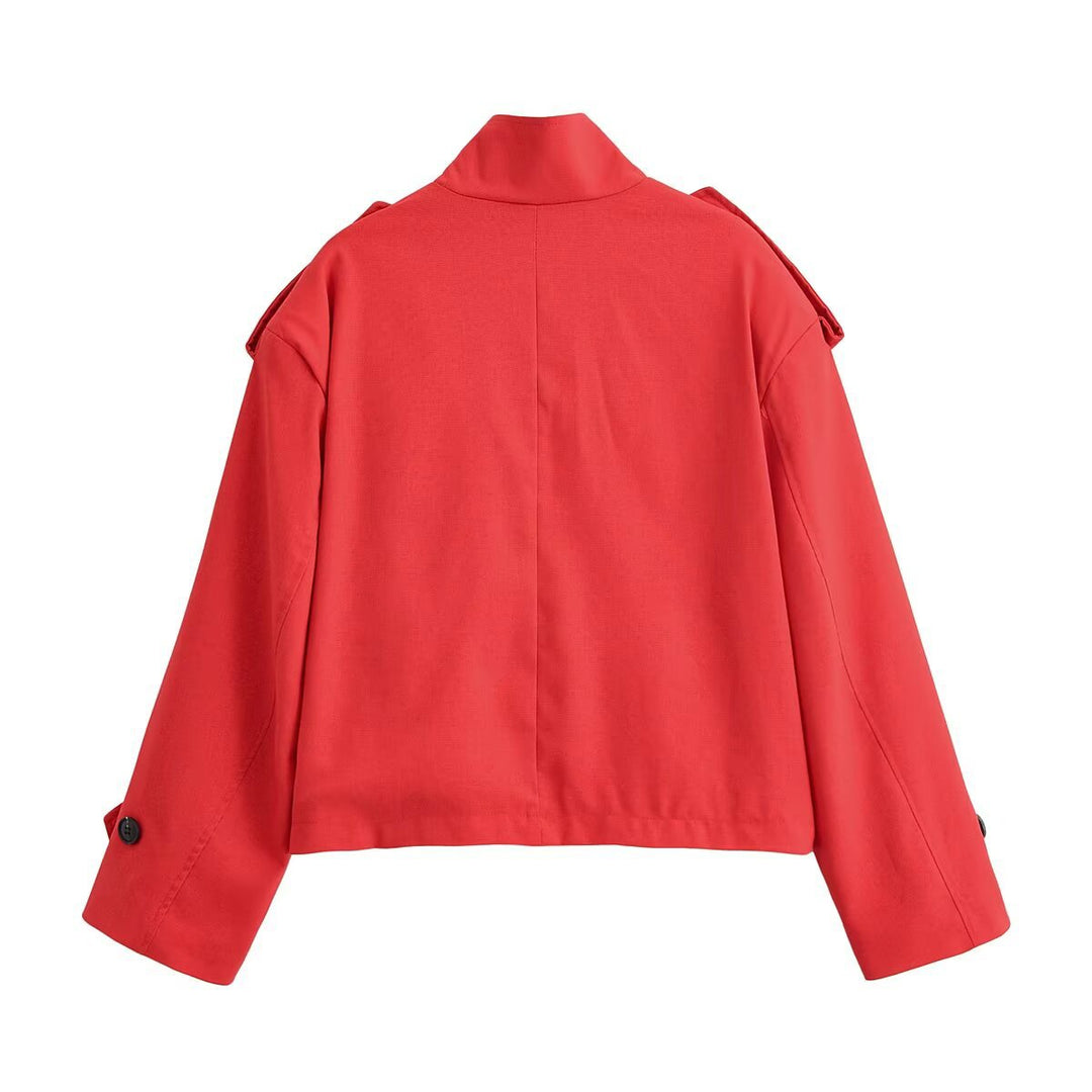 Women's Boxy-Cropped Jacket with Stand Collar Shoulder Patches and Flap Pockets Mune Fashion