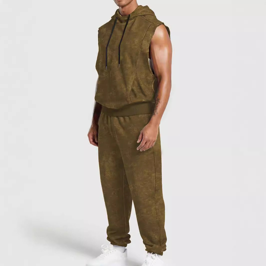 Men's sleeveless hooded sweat set in velour look with elastic joggers and ribbed cuffs Mune Fashion