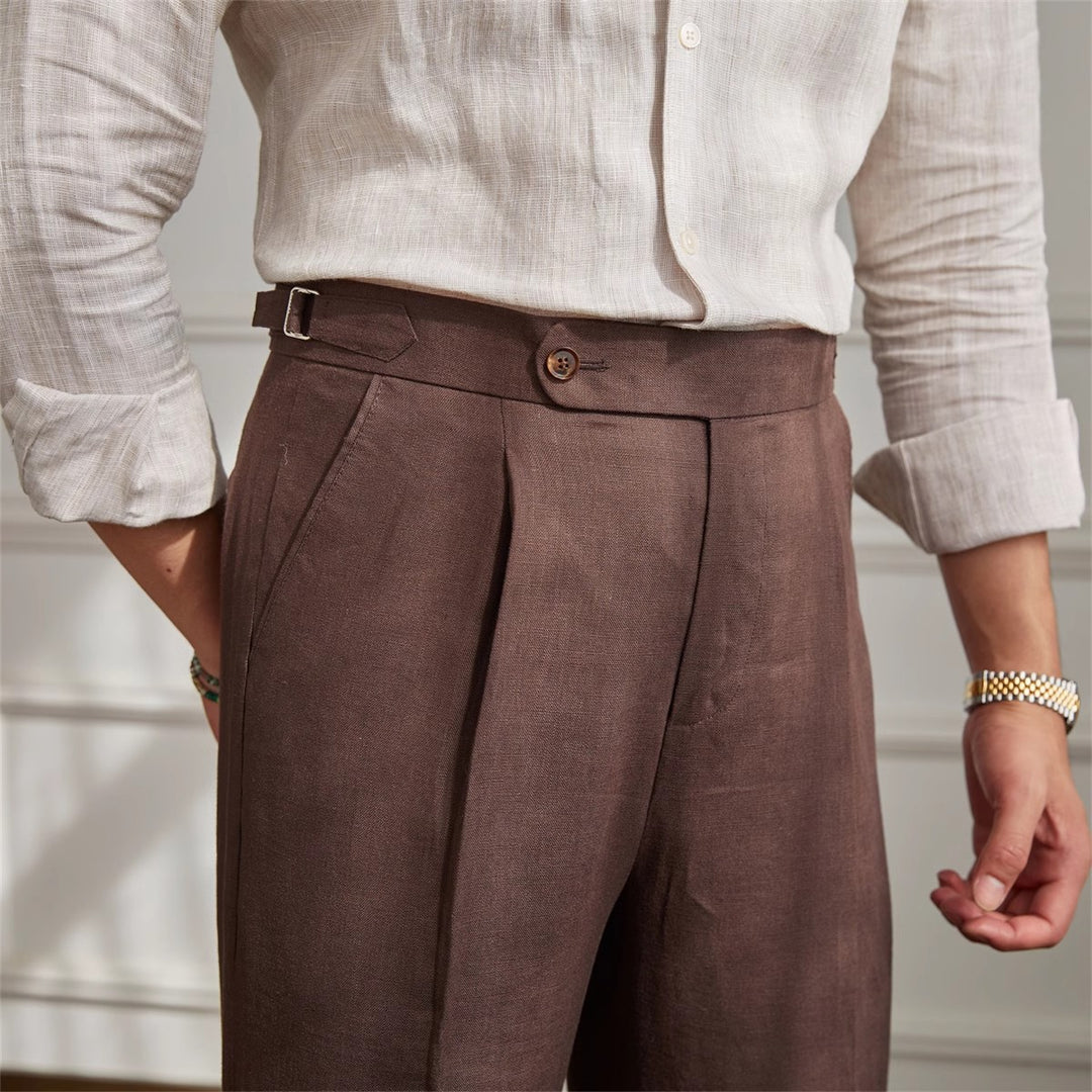 Men's linen pants with high waist, pleats and adjustable side tab Mune Fashion