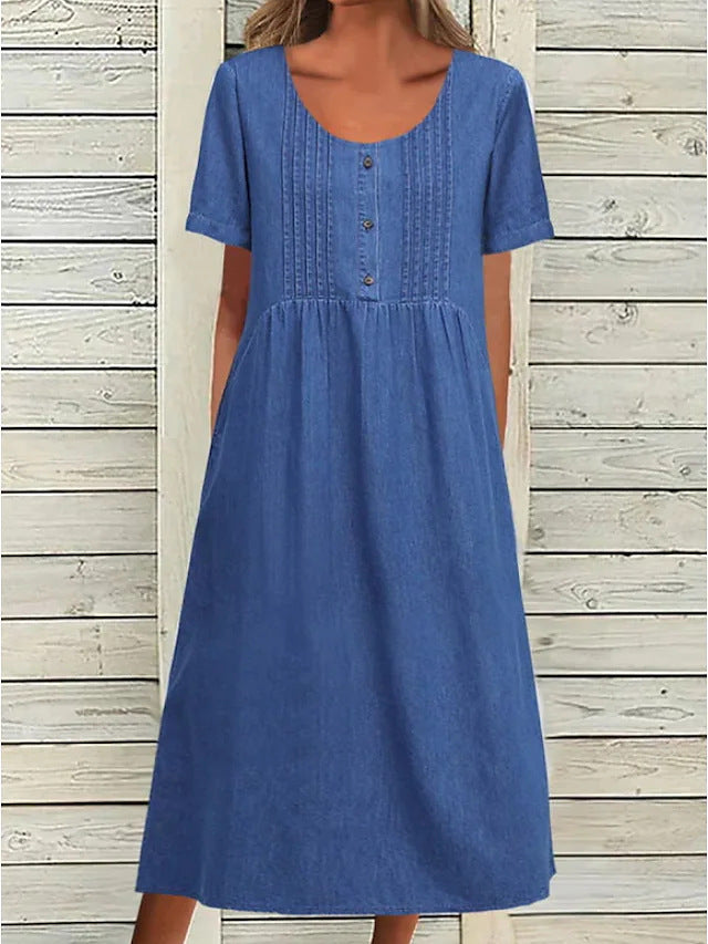 Ladies' knee-length dress in denim look with round neckline, chest piping and side inset pockets Mune Fashion