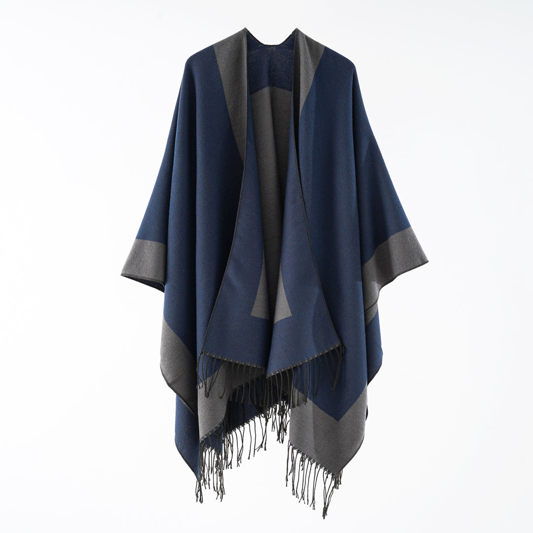 Women Oversize Reversible Cape Poncho made of Wool Blend with Fringing Mune Fashion