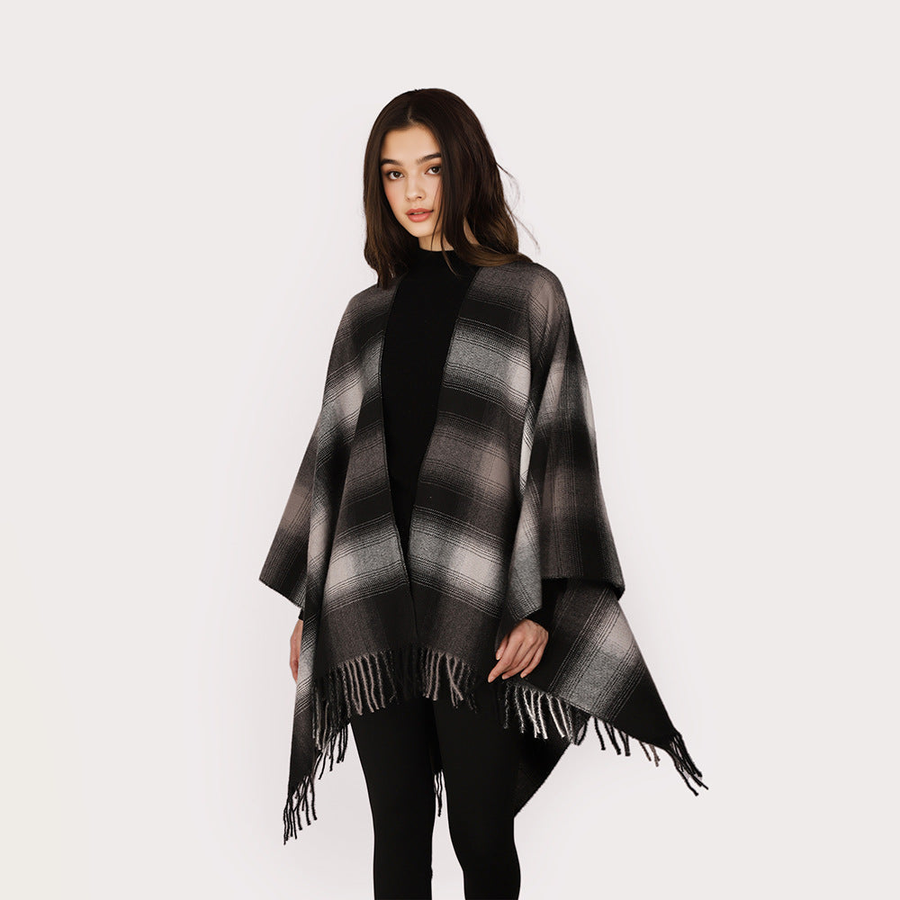 Women Oversize Wool Blend Poncho Cape with Ombre Check Pattern and Fringe Hem Mune Fashion