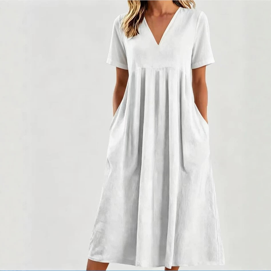 Women nan legeres V-neck midi dress with side pockets and gathered empire seam Mune Fashion