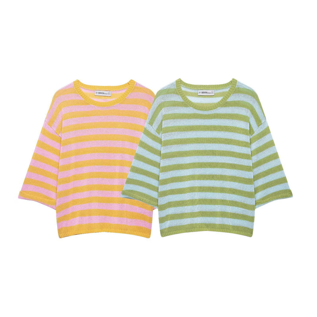 Women's Light Striped Boxy Short Sweater with Dropped Sleeves Mune Fashion