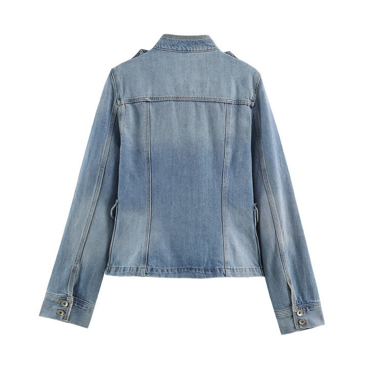 Women's utility denim jacket with stand-up collar, flap pockets and epaulettes Drune