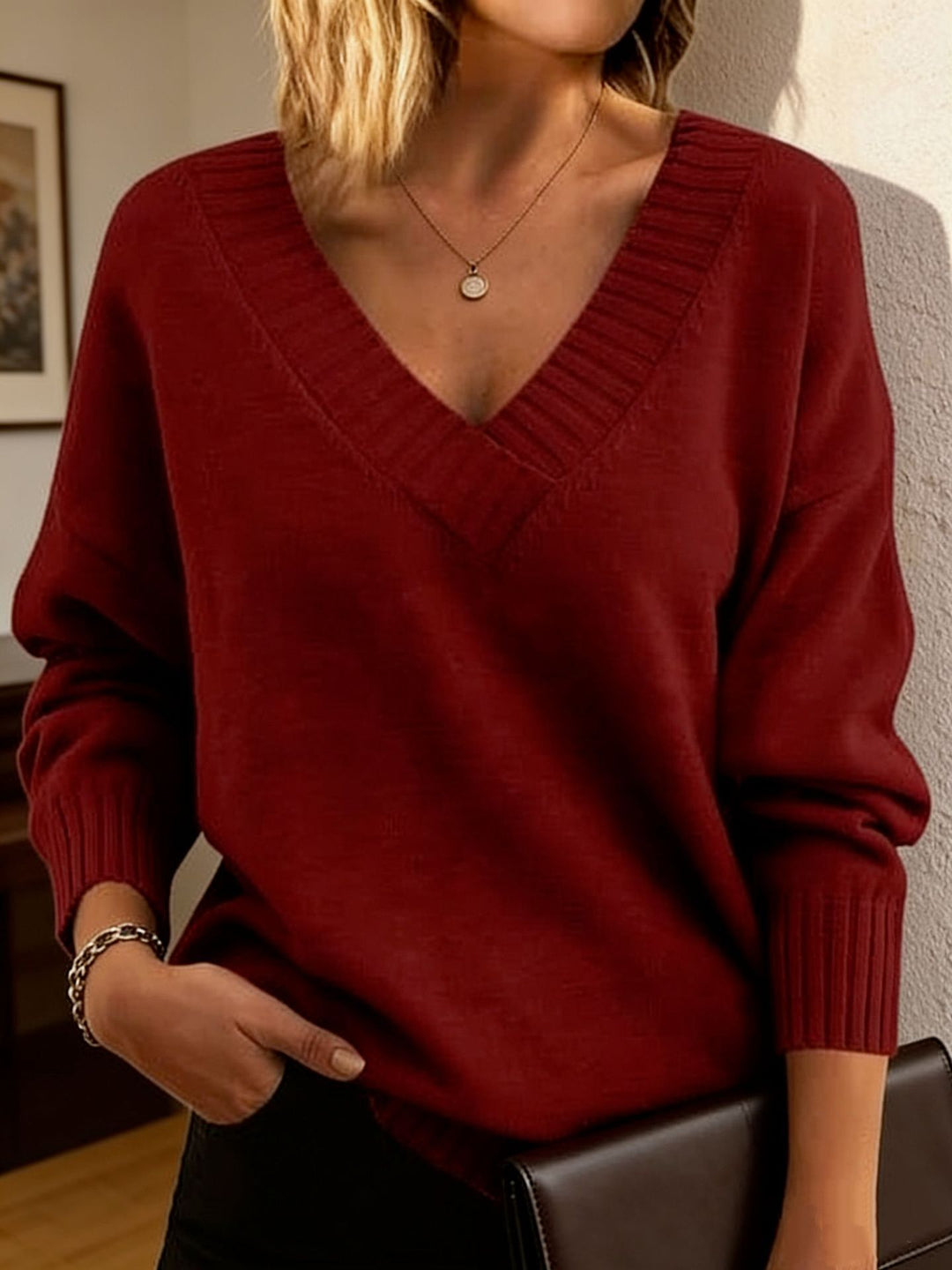 Women's fine knit sweater with deep V-neck and dropped shoulder Mune Fashion