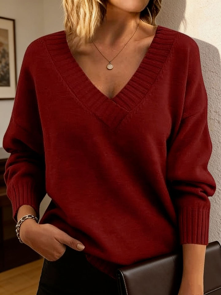Women's fine knit sweater with deep V-neck and dropped shoulder Mune Fashion